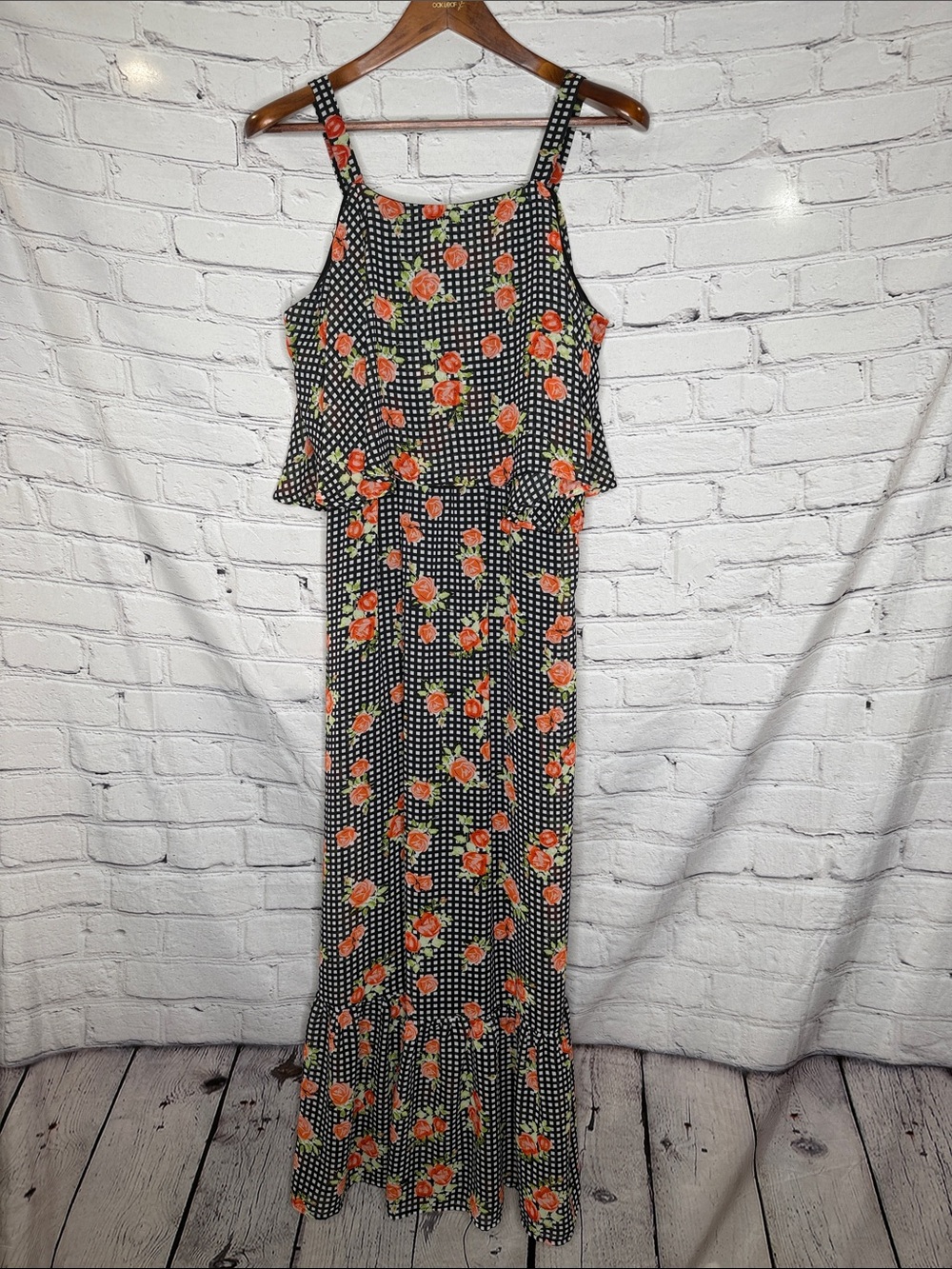 Go Fish Black Gingham Floral Maxi Dress Size Small Excellent Condition